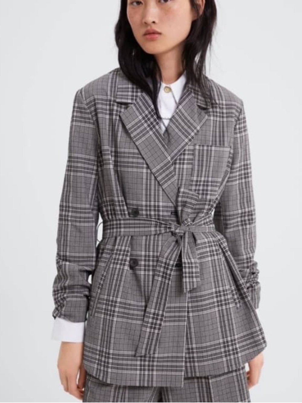 Zara Plaid Blazer W/Tied Belt Pockets Lined Lightweight Lined Size Medium